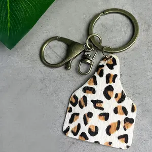 Custom Western Denim Texture Leather Long Fur Leopard Cow Mixed Color Metal Leather Keychain For Engraving