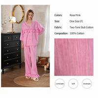 Ensemble pyjama femme personnalisé OEM à livraison rapide, chemisier romantique à col en V en tissu slub avec volants et pantalon à ourlet à volants