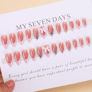 Venta caliente europea y americana Uñas usables Forma de gota de agua Rhinestone Bowknot Art French Pink Edge Nail Stickers Terminado - Product Image 4