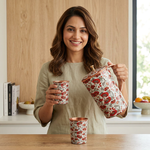 Ensemble carafe et verres en cuivre pur de qualité supérieure avec imprimé floral, pichet à eau ayurvédique fait main, luxe pour la cuisine et la salle à manger - Product Image 1