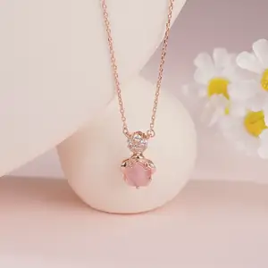 S925 kalung plum merah muda manis musim panas perak sterling kalung bunga opal merah muda zirkon perhiasan bagus untuk anak perempuan