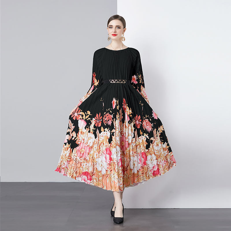 Boutique Wholesale 2024 Autumn New Fashionable Round Neck Printed Art Large  Skirt With Hundred Pleats Women Clothing Dress