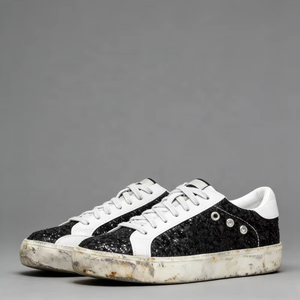 Baskets classiques pour femmes en cuir véritable, style vintage Superstar, avec étoile dorée scintillante, pour l'été - Product Image 1