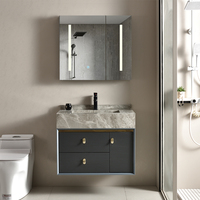 Meuble-lavabo mural moderne en acier inoxydable avec miroir, tiroirs à fermeture douce, facile à nettoyer, résistant à l'eau, vasque en pierre