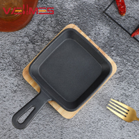 Poêle carrée en fonte antiadhésive avec support en bois, poignée unique, mini-plaque de cuisson pour steak, œufs, petit-déjeuner, restaurant, compatible four, facile à utiliser