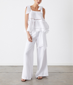 Conjunto de 2 piezas de Frenulum para <span class=keywords><strong>mujer</strong></span>, <span class=keywords><strong>traje</strong></span> de <span class=keywords><strong>lino</strong></span> <span class=keywords><strong>blanco</strong></span>, estilo informal de verano, patrón sólido, vendaje, blusa holgada sin mangas, trajes de pantalón - Product Image 1