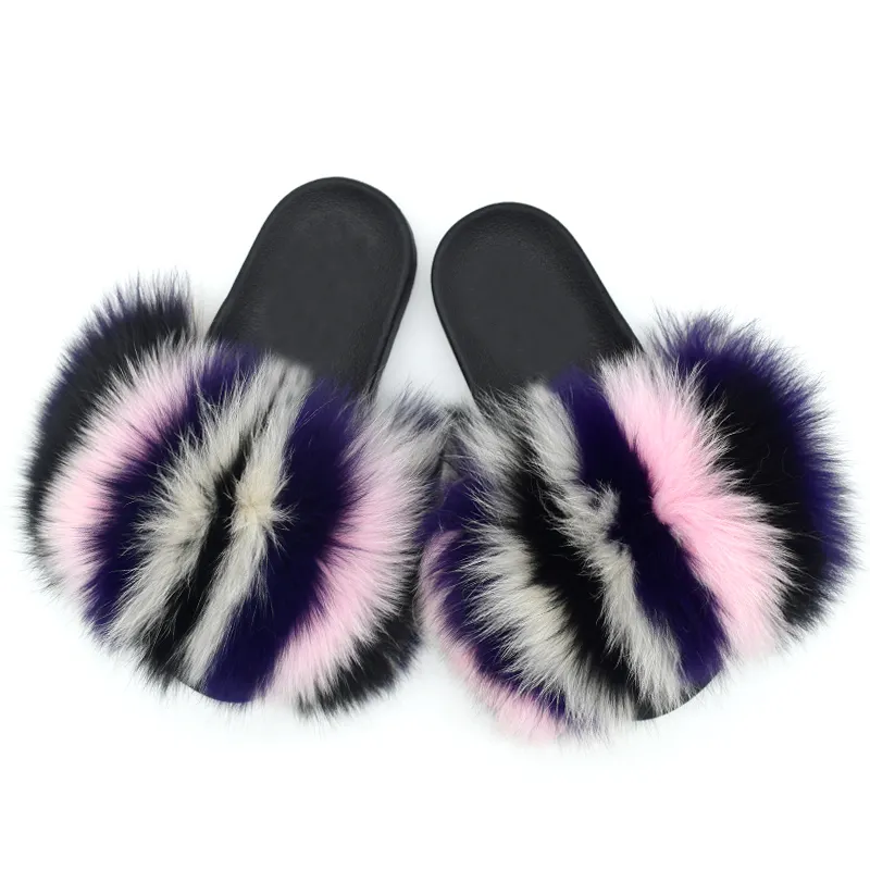 China wholesale furry slippers mommy and me outfits shoes set for mother daughter matching dress real fox fur raccoon fur slides