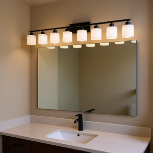 Applique de salle de bain moderne à 10 lumières, 65,4 pouces, en métal noir mat, LED blanc chaud, abat-jour en verre, montage en surface, lampe de miroir - Product Image 2