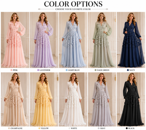 ชุดราตรีผ้าชีฟองสีพีชสำหรับผู้หญิงขายส่ง ปักลายดอกไม้ 3 มิติ แขนยาว ยาวถึงพื้น - Product Image 2