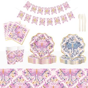 DAMAI Purple Butterfly Birthday Party Tableware Set Bug Birthday Party Supplies Set Plates Napkins Cup Tableware for 8 Guests - Product Image 2
