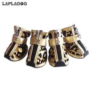 4 unids/set de leopardo de oro de cuero perro zapatos PU anti-slip bota para perros pequeños, perro de peluche de gato zapatos impermeables zapatos cachorro zapatos ZL353
