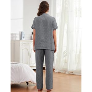 FOXA Conjunto de pijama de algodón con lunares para mujer, camiseta de manga corta con botones, pantalones largos, ropa de dormir con bolsillos - Product Image 4