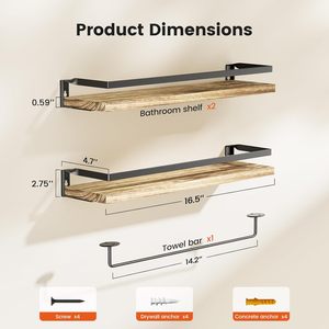 Bathroom Shelf Wall Mounted Double Layer Wood And Metal Storage Rack With Towel Bar For Bathroom And Kitchen - Product Image 2