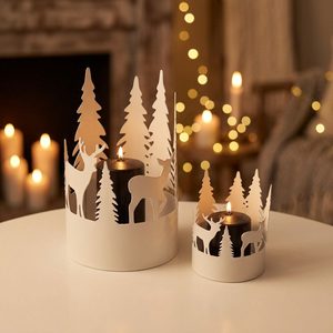 2026 Christmas Home Tabletop Votive Holder Iron Metal Handmade with Tree and Deer Cutwork Design - Product Image 5
