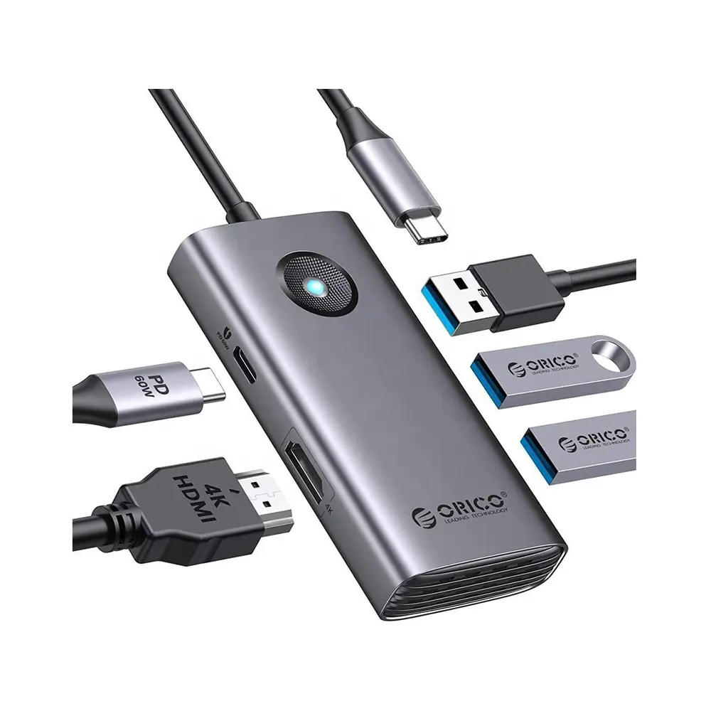 ORICO Estação de acoplamento USB C 5 em 1 com 4K HDM I, entrega de energia de 60 W, estação de acoplamento USB 3.0 5Gbps e 2 adaptadores USB 2.0 tipo C