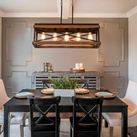 Lustre linéaire rustique en bois et métal avec chaîne réglable pour salle à manger et cuisine