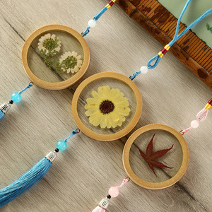 Bamboo <b>Craft</b> Round Pendant With Pressed Flower <b>Tassel</b> Ornament For Home Decoration - Product Image 1