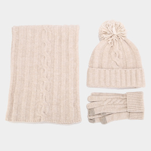 Ensemble 3 pièces <span class=keywords><strong>bonnet</strong></span>, écharpe et gants tricotés en maille torsadée avec pompon, chauds et thermiques, pour <span class=keywords><strong>femme</strong></span> adulte, 100% acrylique, personnalisable - Product Image 3