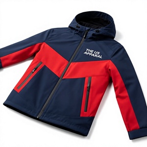 Custom Men's Winter Hooded <b>Jacket</b> <b>Red</b> Navy Color Block Sporty <b>Waterproof</b> Zipper Front Regular Fit - Product Image 1