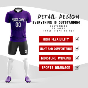 Kits de football personnalisés en gros, imprimés, 100% polyester, col en V, séchage rapide, violet et noir, avec noms et numéros d'équipe - Product Image 3