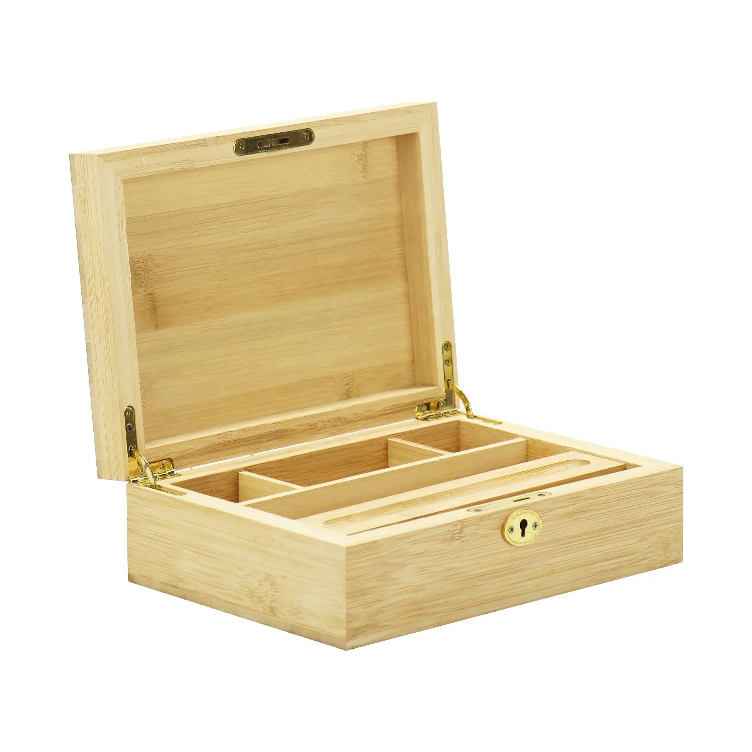 Boîte de rangement en bois de bambou FSC & BSCI avec serrure, plateau roulant en bois et bocaux de rangement en verre et boîte à roulettes