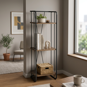 Lumetal Industrial 3-Tier Adjustable Stackable <b>Metal</b> Engineered Wood Freestanding Etagere <b>Bookcase</b> for Living Room Home Office - Product Image 2