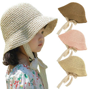 Chapeau de paille d'été pour filles, garçons, plage, voyage, chapeaux seau pour enfants, dentelle ajustable, corde coupe-vent, accessoires de mode 2-6Y - Product Image 1