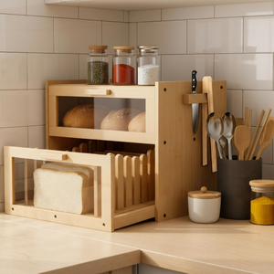 Caja de pan de bambú de 2 capas personalizada, grande, rectangular, para encimera de cocina, contenedor de almacenamiento con asa, cortador de pan flexible para alimentos - Product Image 1