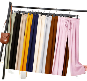 Pantalones de Seda Helada Planos, Ecológicos, Transpirables, de Cintura Alta, Pierna Ancha, con Cordón Ajustable, Largos, para Mujer, Versión Coreana de Verano - Product Image 1