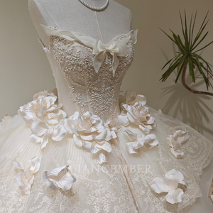 LY161 Classic Modern Sweetheart 3D <b>Flower</b> Bow Empire Ball Gown Long Lace Crystal <b>Appliques</b> Wedding Bridal Ruffle Women's Dresses - Product Image 5