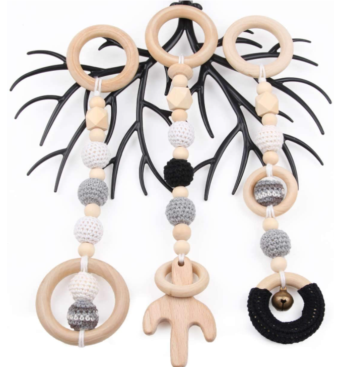 Baby Wooden Toys Play Gym Set of 3 Child Activity Organic Pendant Hanging Toy Baby Teething Soother