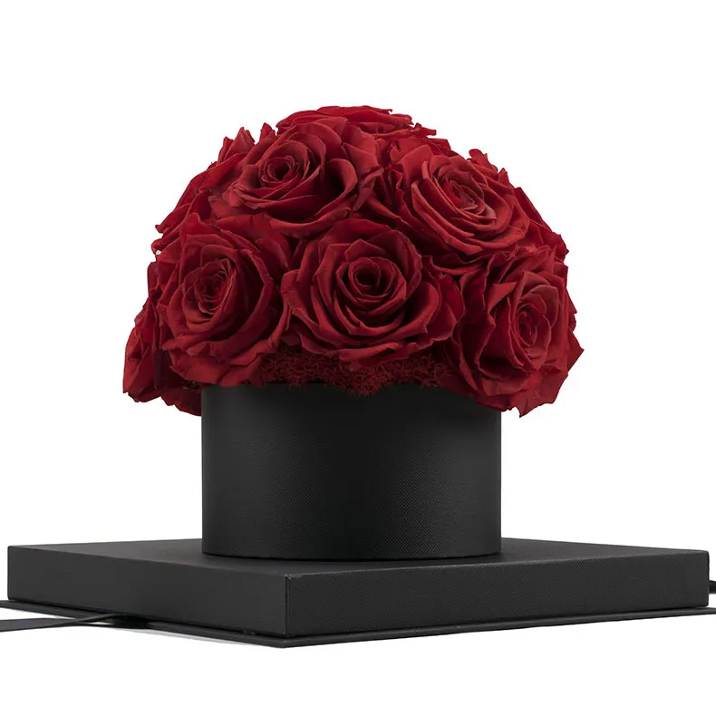 Venta al por mayor de fábrica Venta caliente estabilizado para siempre rosas preservadas 5-6 cm flor de Rosa eterna en caja redonda para regalos conmemorativos