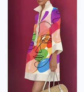 गर्म बिक्री 2024 पोलो शर्ट लंबी आस्तीन मुद्रित पोशाक नई आगमन पोलो कॉलर सॉलिड बटन मध्य ढीली आरामदायक पोशाक