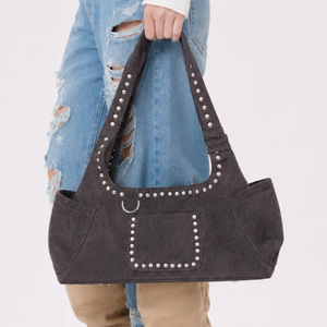 Sac à bandoulière vintage en suède à rivets grande capacité pour femme 2026, <span class=keywords><strong>pochette</strong></span> en faux suède avec fermeture éclair - Product Image 1