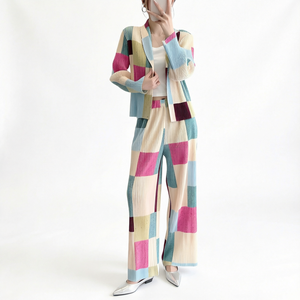 Women's 2 Piece Pleated Cardigan and Wide Leg Pants <b>Set</b> Color Block Casual Streetwear Outfit 100% Polyester Wholesale Clothing - Product Image 1