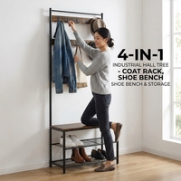 Porte-manteau industriel en métal sur pied pour entrée, avec banc à chaussures, étagères de rangement, 9 crochets mobiles et tringle de suspension