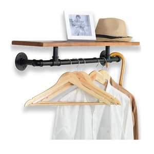 Étagère <span class=keywords><strong>murale</strong></span> de rangement pour vêtements en métal noir style industriel et bois brun, 31 pouces, pour l'ameublement de la maison - Product Image 2