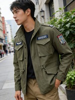 Blouson Bomber Amekaji Homme Style Old Money 100% Coton Chevrons Délavé Vintage Broderie Écusson Multi-poches Cargo Hiver