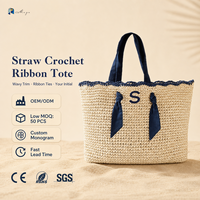 Sac fourre-tout portable en paille tressée à fermeture ouverte, motif lettres, pour la plage et le shopping, personnalisable avec monogramme, doublure en polyester, usage quotidien