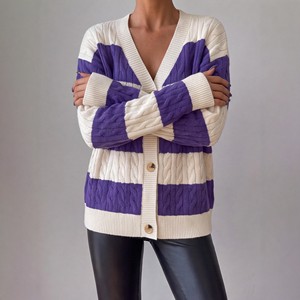 Cardigan en tricot rayé violet, col en V ample, manteau pull pour femme, automne hiver, style élégant pour le quotidien, taille européenne et américaine S M L XL - Product Image 3
