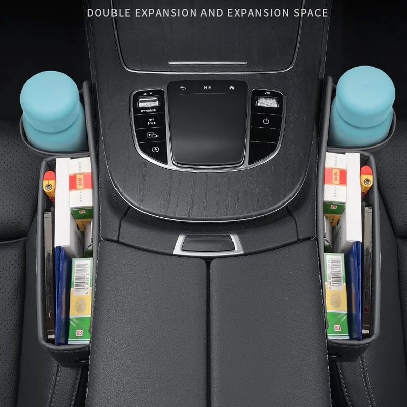 RoseStar P-133 Car Seat Gap Storage Box - Multi-function PU Leather Organizer with Cup Holder