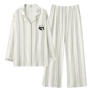 Class A pure cotton pajamas for men long striped pajamas set off white checker cotton men pajamas