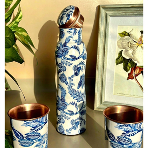 Oriental Blue White Pattern Copper <b>Water</b> <b>Bottle</b> With <b>Glass</b> for Daily Hydration and Ayurvedic Health - Product Image 1