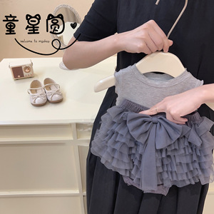 Tongxingyuan Girls Tutu Skirt Set Gray Solid Color Cotton Summer Outfit For Kids - Product Image 1