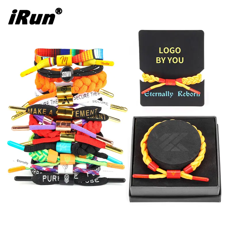 iRun Custom Logo Shoe Lace Bracelets Handmade Rope Bracelet Adjustable Braided Shoelace bracelets with polyester metal tips
