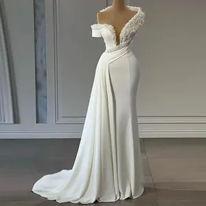 मोती Beading मरमेड शादी की पोशाक सुरुचिपूर्ण साटन एक कंधे Peplum Boho ब्राइडल गाउन देहाती रिसेप्शन वस्त्र डे