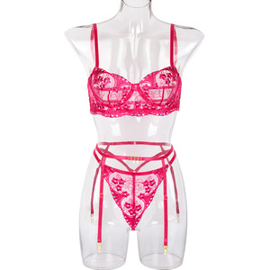 Dreiteiliges Heißes Erotisches Super Sexy Junges Mädchen Bustier Bling Pailletten Stickerei Transparentes Strumpfband Damen Dessous-Set Feste Spitze Größe - Product Image 6