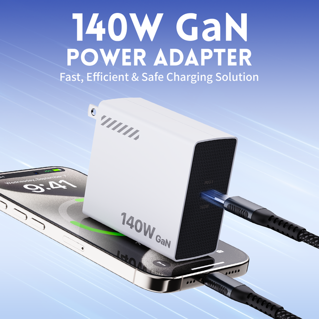 140W GaN ABS Charger PD 3.1 Fast Charging USB-C US Plug Wall Adapter with 1m Cable for Laptop & Phone