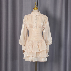 Vestido Mini de <span class=keywords><strong>Mujer</strong></span> con Cuello Alto y Cintura Fruncida, Vestido Brillante con Volantes en el Bajo y Mangas Abullonadas, Vestidos Sehe Fashion - Product Image 2