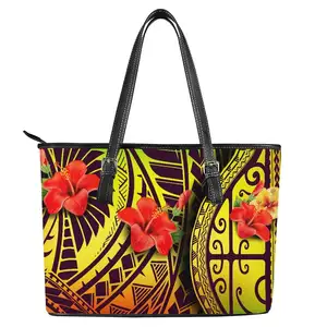 New Fashion Lady Handbag Red Hibiscus Polynesian Tattoo Tongan Design Leather Large Capacity Shoulder Bag Tote Bag